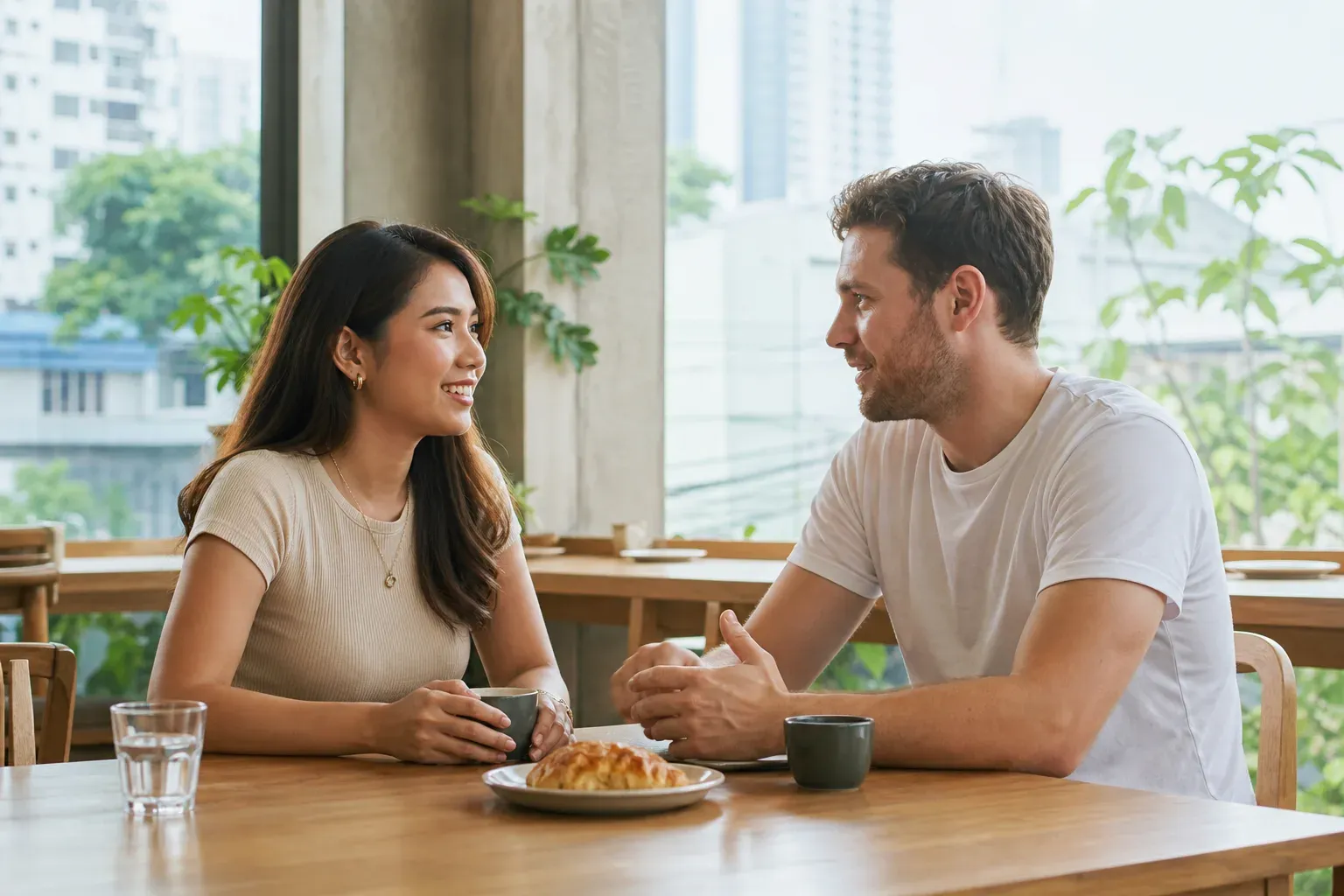 A Filipina and her foreign partner sharing coffee at an outdoor Manila cafe