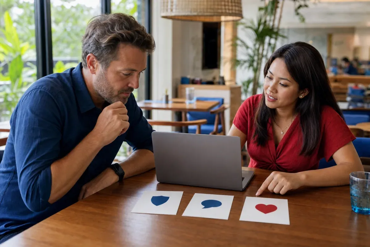 Two adults comparing Filipino dating site alternatives using safety, chat, and relationship criteria
