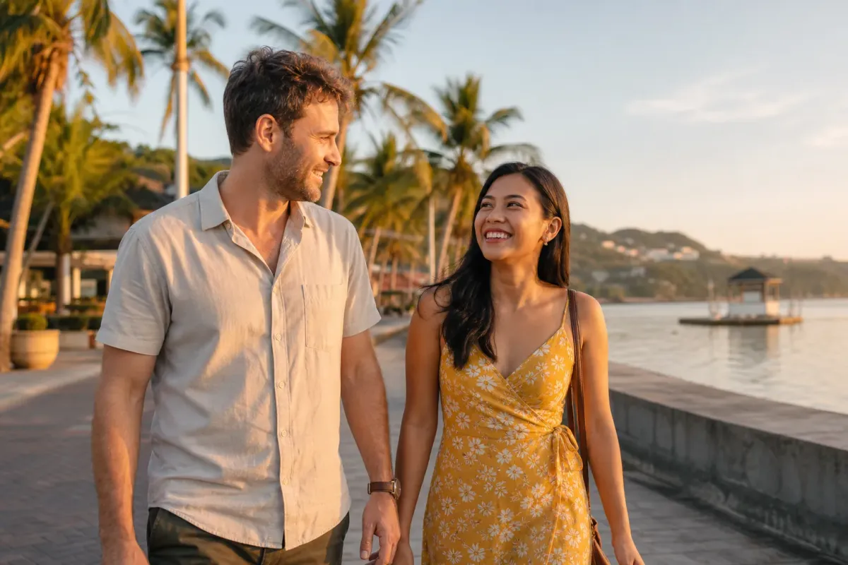 A couple walking by the water in the Philippines