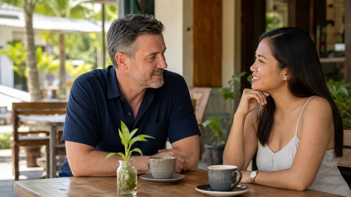 A man in his 40s and an adult Filipina woman talking over coffee at an outdoor cafe