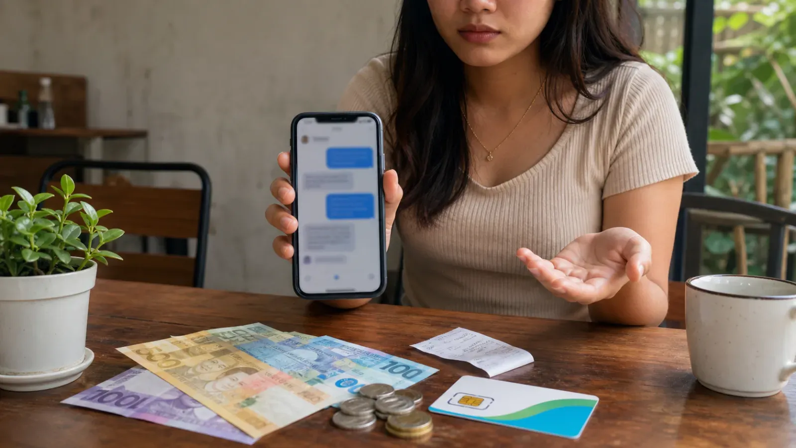 A Filipina holding up a phone beside Philippine pesos, coins, and a SIM card for a load money request