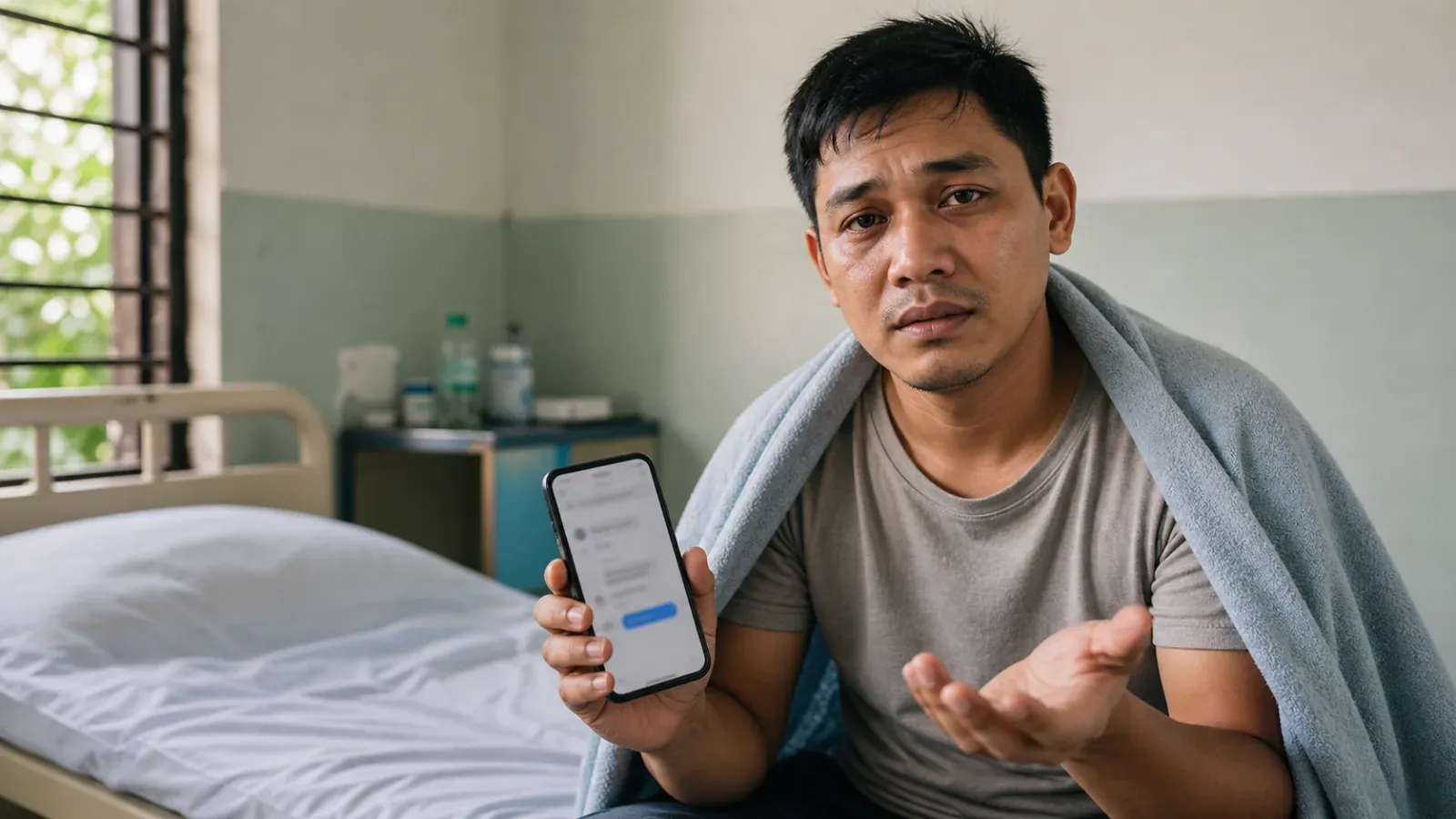 A sick Filipino man in a clinic holding up a phone while asking for medical help money