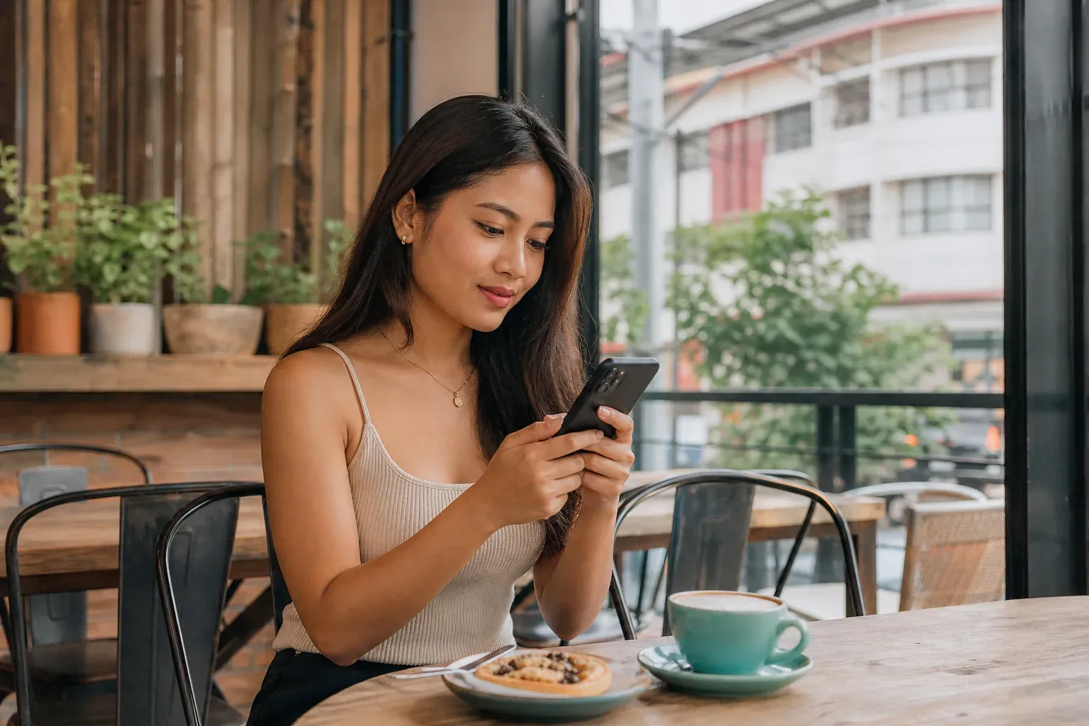 An Android phone showing a respectful dating conversation beside a coffee cup