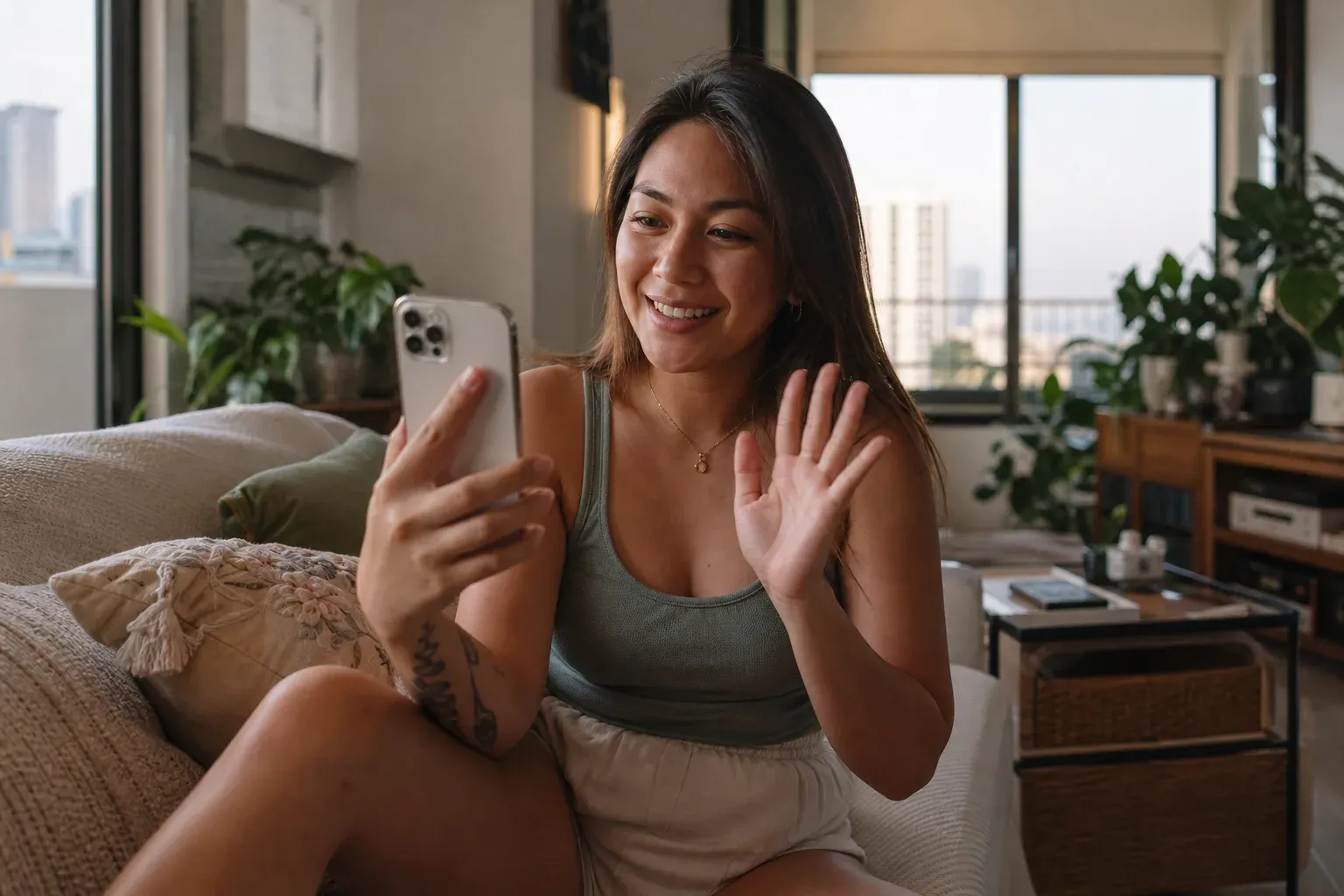 A woman reviewing a dating profile on an iPhone in a bright cafe