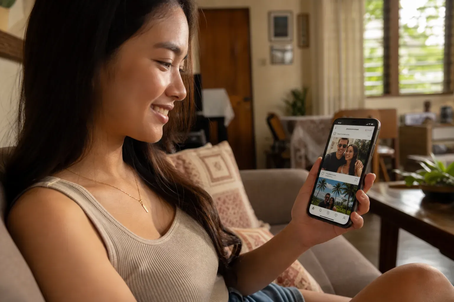 A couple discussing Filipina dating social media privacy on a phone