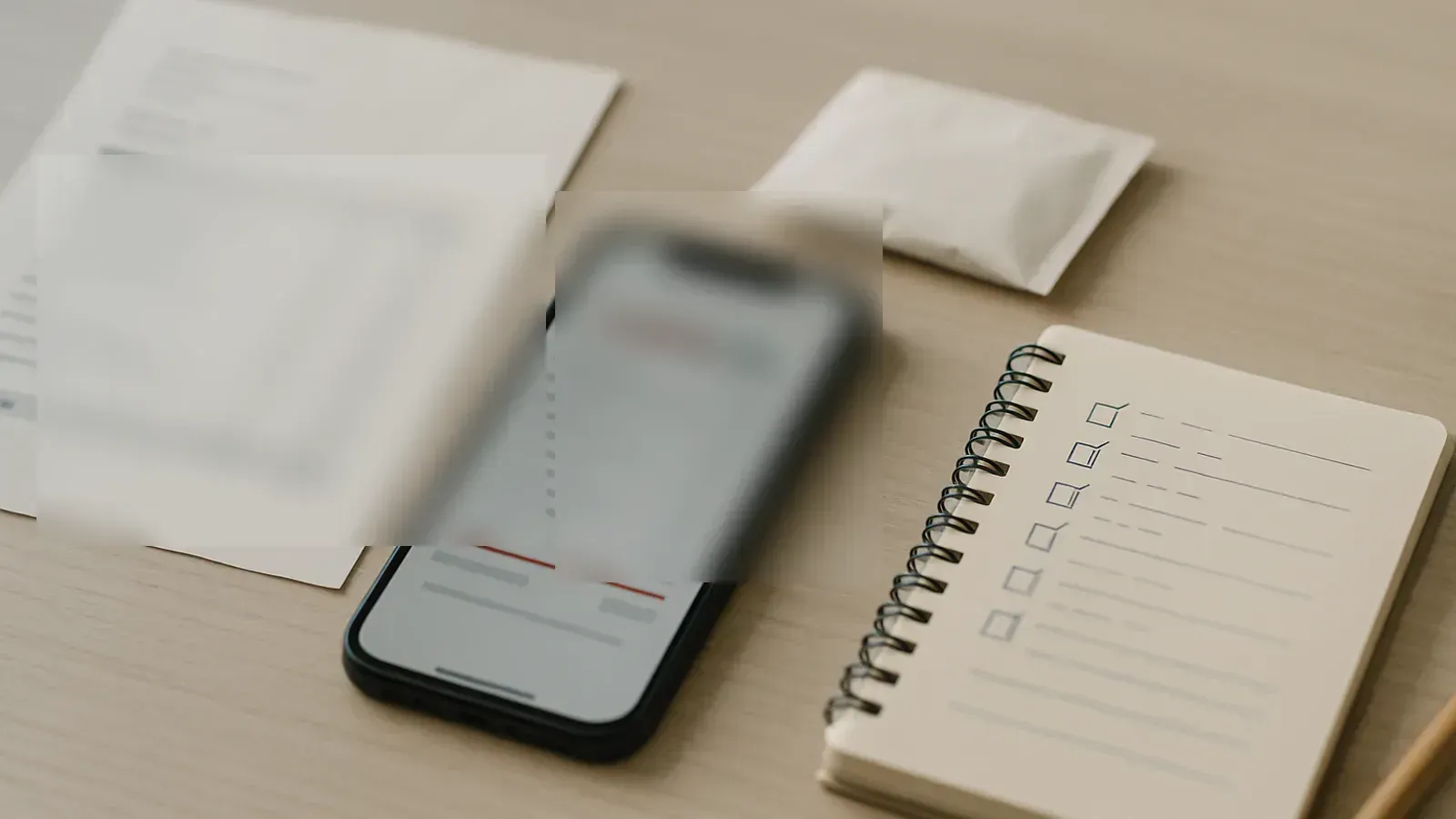 A phone with a blurred hospital bill message beside a notebook for scam verification