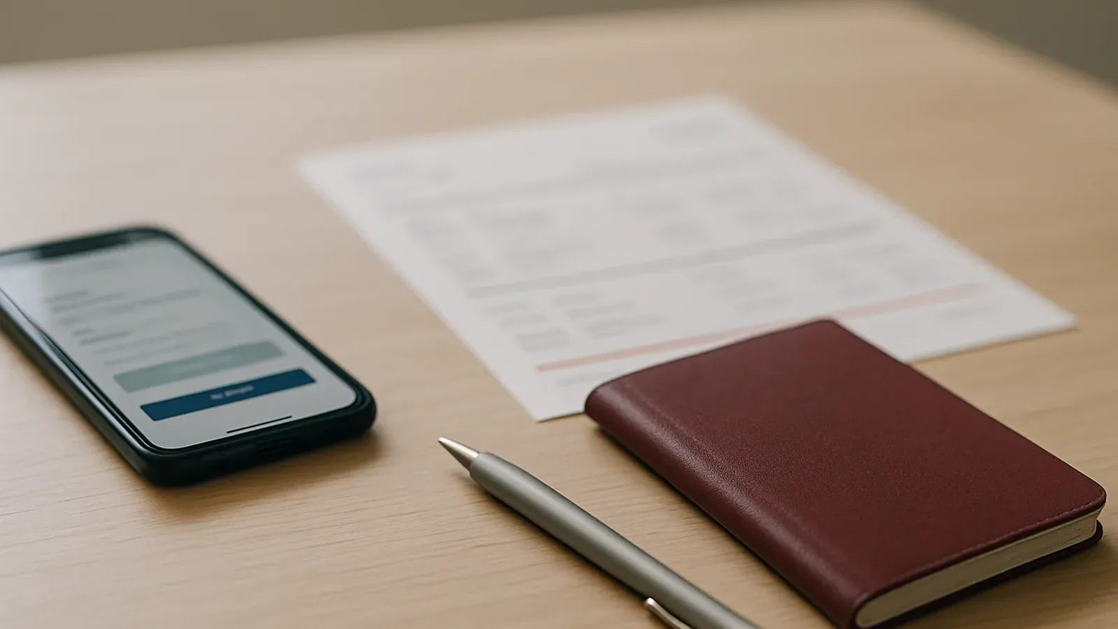 A desk with a phone, blurred itinerary, and notes about verifying travel plans safely