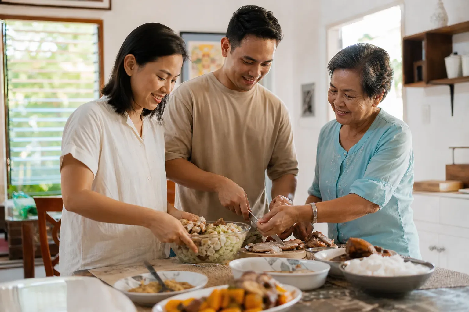 A Filipino family and a visiting partner sharing a warm meal at home