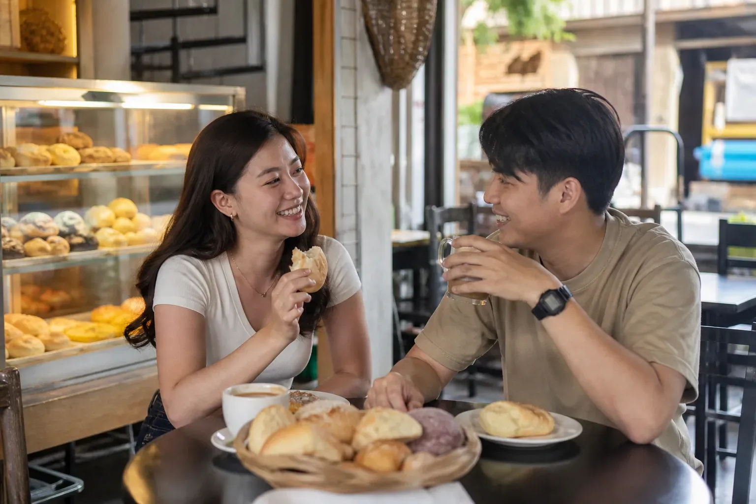 A young Filipino couple sharing a casual merienda date outdoors