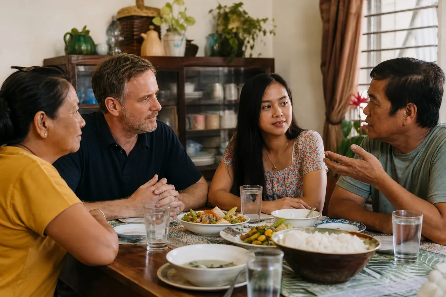 An engaged cross-cultural couple reviewing wedding plans together at home