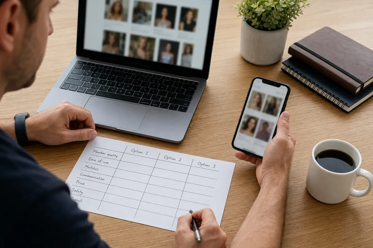 A person comparing Filipina dating app options on a laptop and phone