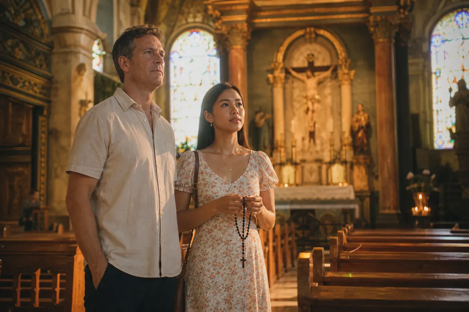 Editorial scene representing faith and reflection in a Filipino relationship