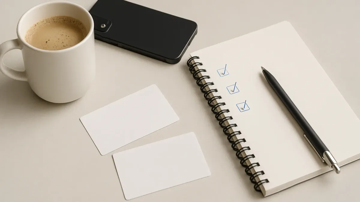 A phone with a blurred chat beside a notebook for checking romance scam warning signs
